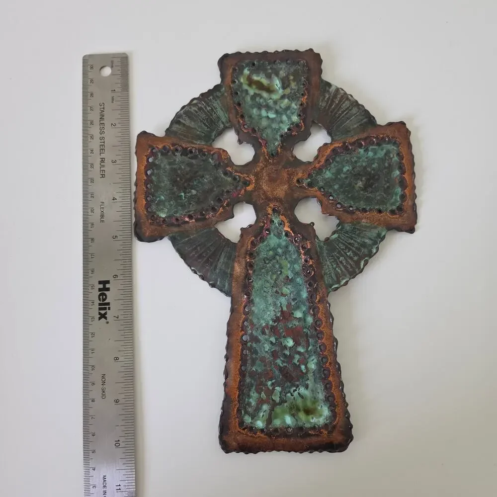 Vintage R. Downey Copper Enamel Celtic Wall Cross Green Patina Mid Century